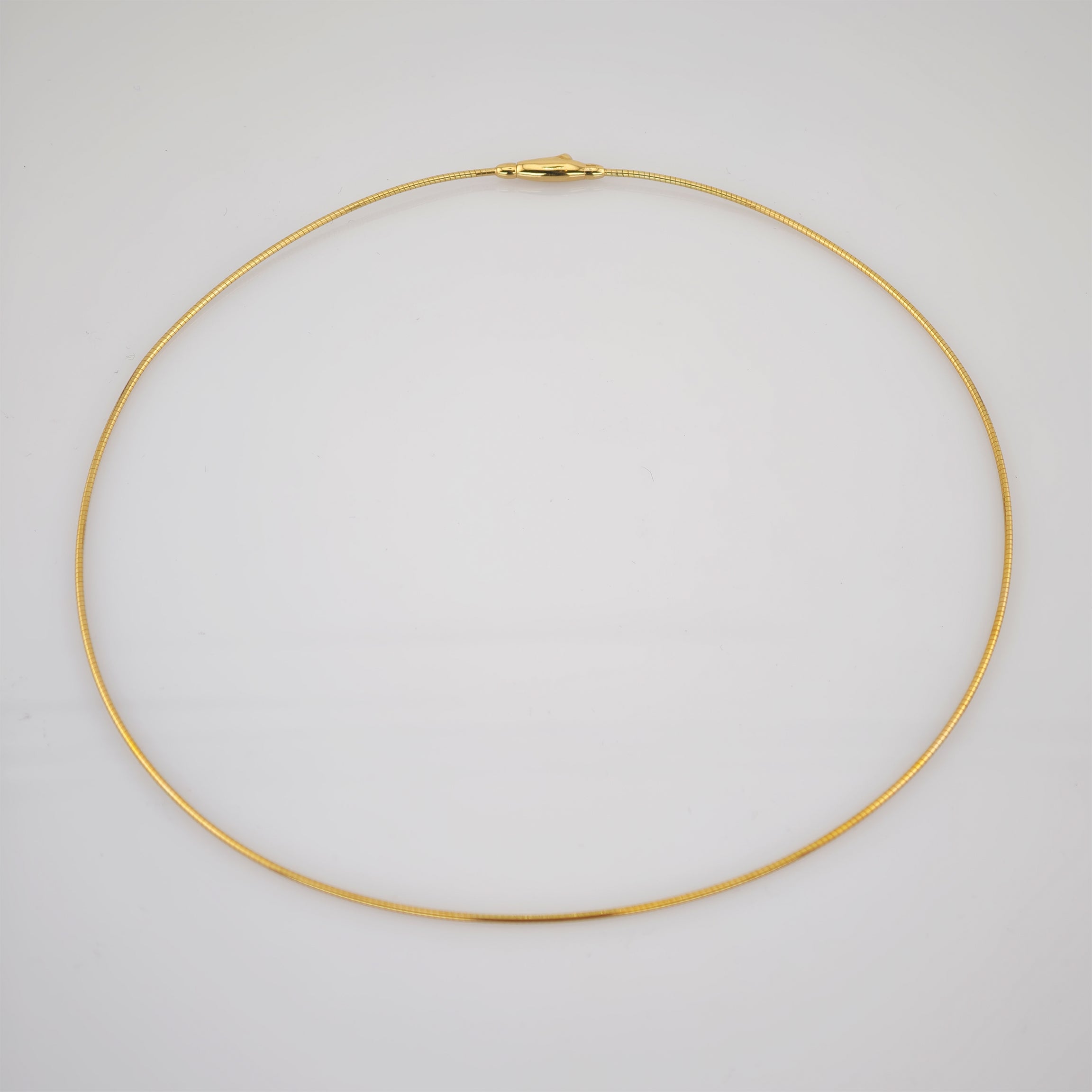 Feine goldene Halskette mit rundem Verschluss auf weißem Hintergrund