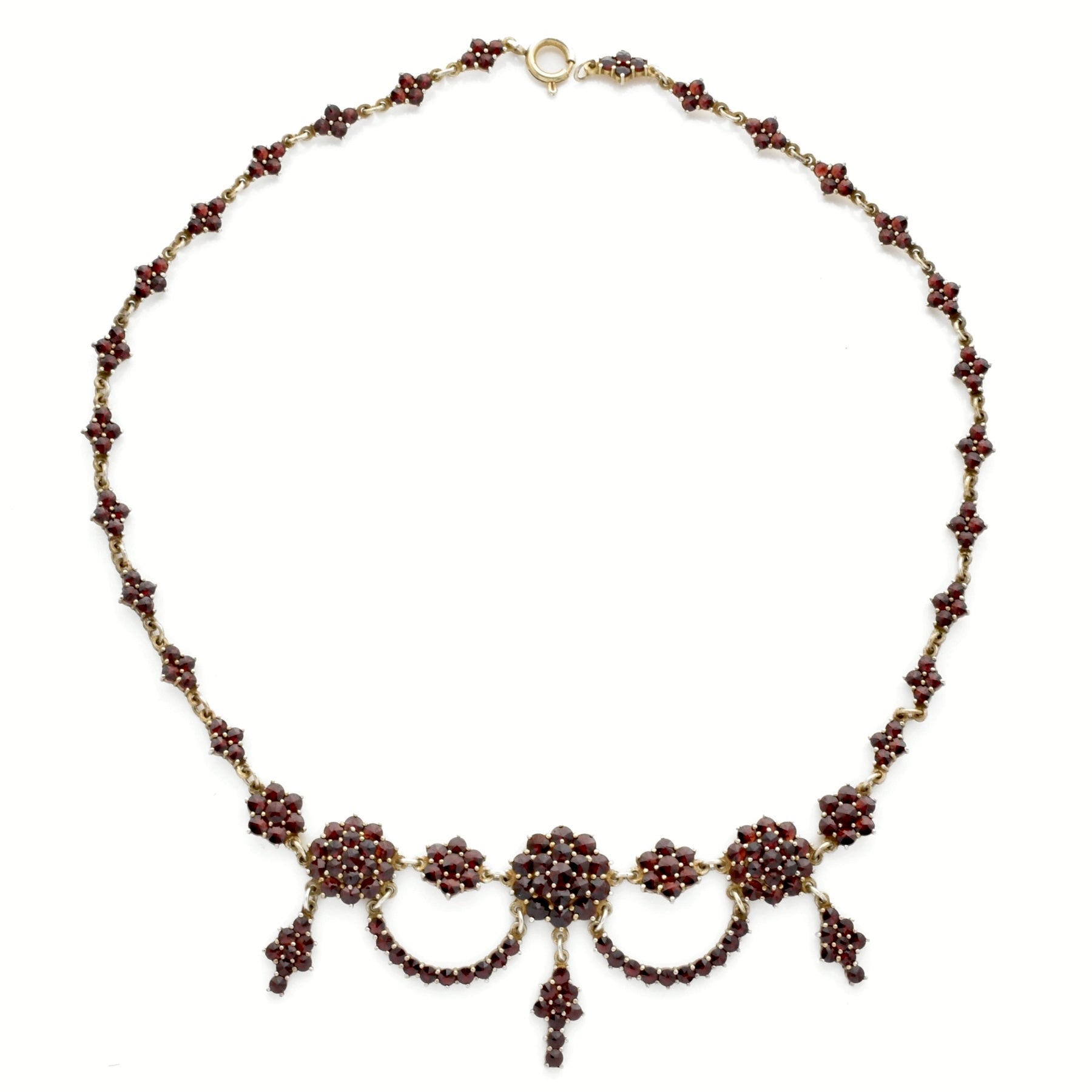 Feine Vintage-Halskette aus Gold mit blumenförmigem Cluster aus dunklen roten Steinen und hängenden Elementen
