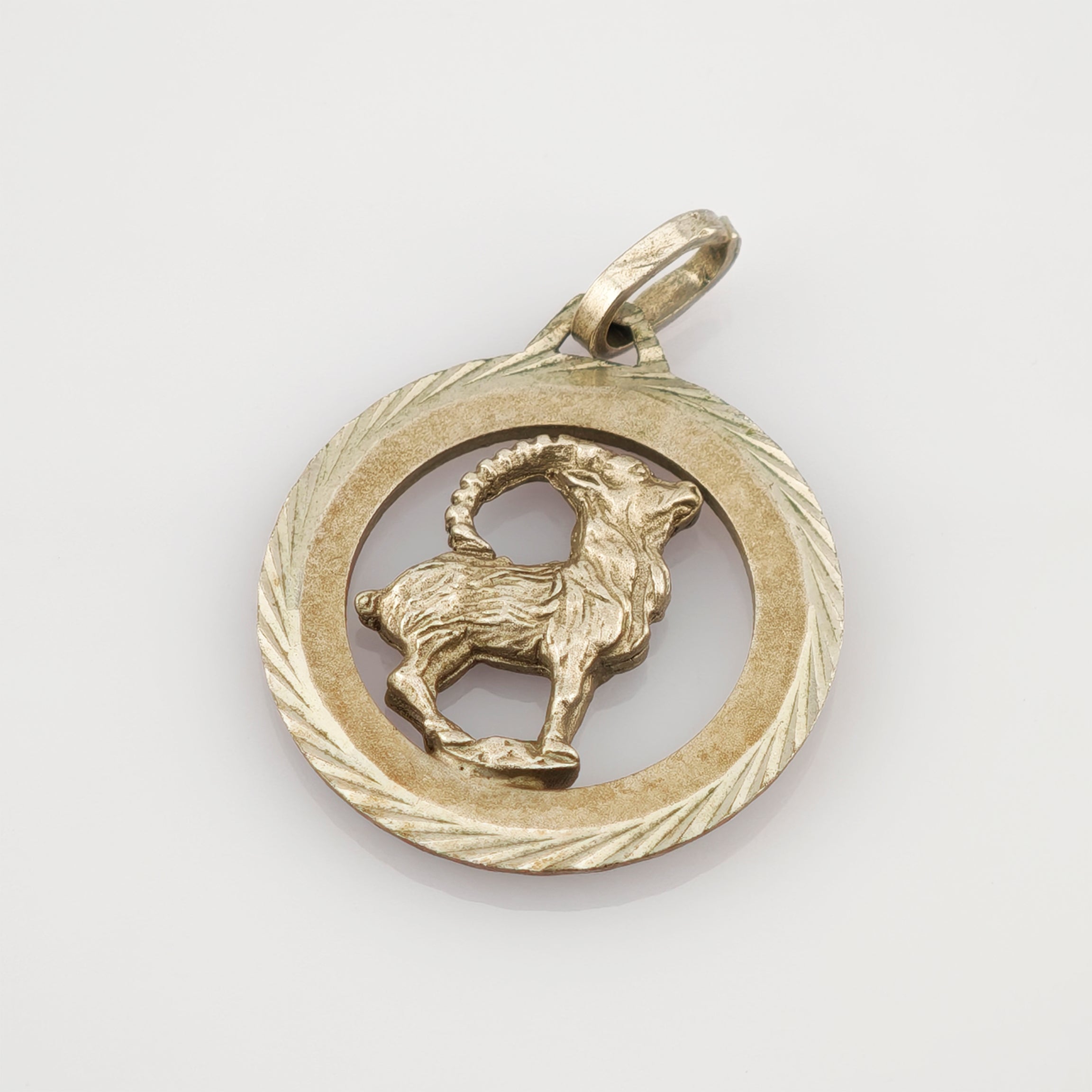 Runder Goldanhänger mit strukturiertem Außenring und Ziegenmotiv mit gebogenem Horn nach rechts.