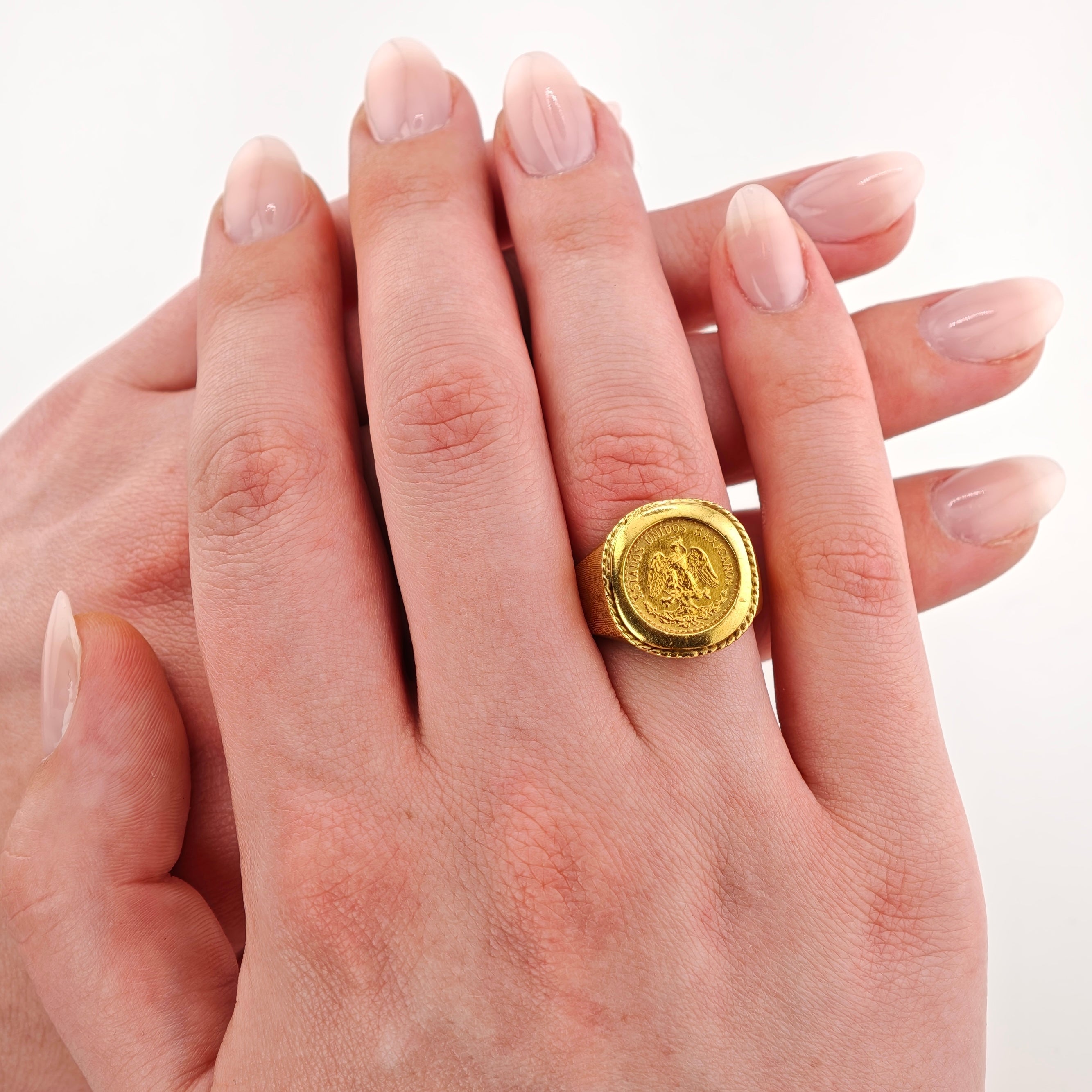 Nahaufnahme einer Hand mit glänzendem Nude-Pink-Nagellack, die einen goldenen Siegelring mit Adler-Emblem trägt.