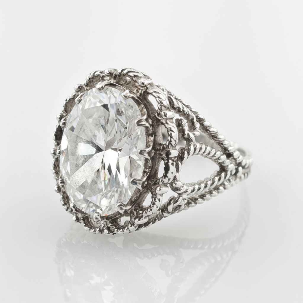 Silberring mit oval facettiertem klarem Edelstein und Seildesign im Vintage-Stil auf reflektierendem Untergrund.