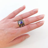 Statement Vintage Silberring mit großem violettem Glasstein der 1970er Jahre