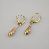 Goldfarbene Ohrringe in Tropfenform mit Bügelverschluss auf hellem Hintergrund