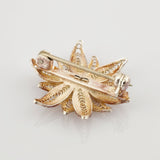 Rückseite einer goldfarbenen Blumenbrosche mit filigranem Metalldesign und Sicherheitsverschluss.