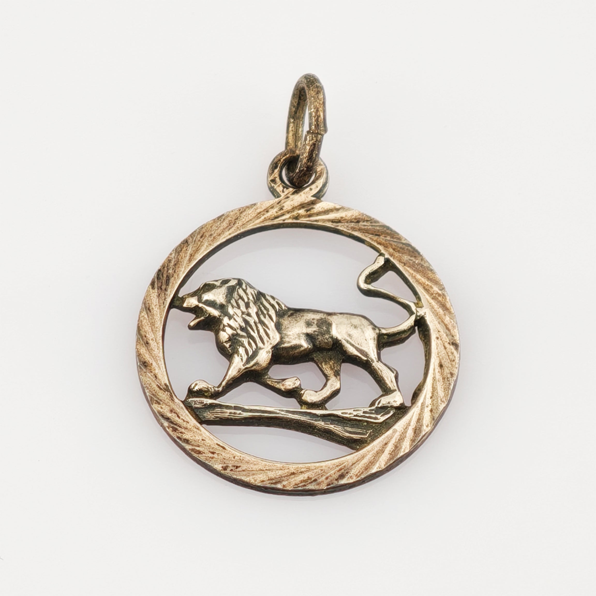 Runder Metallanhänger mit texturiertem Rand und detailliertem Löwenmotiv im Vintage-Stil.