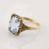 Vintage-Goldring mit rechteckigem hellblauem Schmuckstein und kunstvollem Rand aus Schnörkeln und Punkten